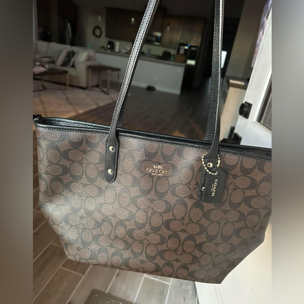 Coach Zip Top Tote Bag in Signature Canvas Gold/Brown Black